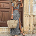 Women's Floral Maxi Dress – V Neck Short Sleeve Smocked Waist Side Slit Summer Dress