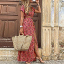 Women's Floral Maxi Dress – V Neck Short Sleeve Smocked Waist Side Slit Summer Dress