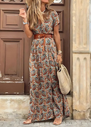 Women's Floral Maxi Dress – V Neck Short Sleeve Smocked Waist Side Slit Summer Dress