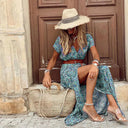 Women's Floral Maxi Dress – V Neck Short Sleeve Smocked Waist Side Slit Summer Dress