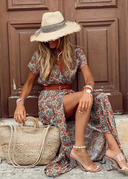 Women's Floral Maxi Dress – V Neck Short Sleeve Smocked Waist Side Slit Summer Dress