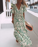 Women's Floral Maxi Dress – V Neck Short Sleeve Tiered Summer Beach Dress