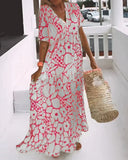 Women's Floral Maxi Dress – V Neck Short Sleeve Tiered Summer Beach Dress