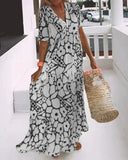 Women's Floral Maxi Dress – V Neck Short Sleeve Tiered Summer Beach Dress