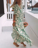 Women's Floral Maxi Dress – V Neck Short Sleeve Tiered Summer Beach Dress