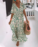Women's Floral Maxi Dress – V Neck Short Sleeve Tiered Summer Beach Dress