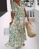 Women's Floral Maxi Dress – V Neck Short Sleeve Tiered Summer Beach Dress