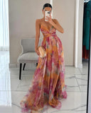 Women's Floral Maxi Dress – V Neck Spaghetti Strap Crossover Bodice Wedding Guest