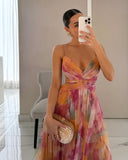Women's Floral Maxi Dress – V Neck Spaghetti Strap Crossover Bodice Wedding Guest