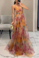 Women's Floral Maxi Dress – V Neck Spaghetti Strap Crossover Bodice Wedding Guest
