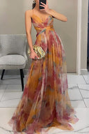 Women's Floral Maxi Dress – V Neck Spaghetti Strap Crossover Bodice Wedding Guest
