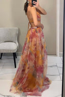 Women's Floral Maxi Dress – V Neck Spaghetti Strap Crossover Bodice Wedding Guest