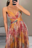 Women's Floral Maxi Dress – V Neck Spaghetti Strap Crossover Bodice Wedding Guest
