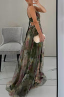 Women's Floral Maxi Dress – V Neck Spaghetti Strap Crossover Bodice Wedding Guest