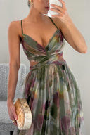 Women's Floral Maxi Dress – V Neck Spaghetti Strap Crossover Bodice Wedding Guest