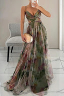 Women's Floral Maxi Dress – V Neck Spaghetti Strap Crossover Bodice Wedding Guest