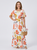 Women's Floral Maxi – Round Neck Flutter Sleeve Tiered Ruffle Hem Dress