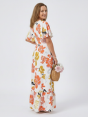 Women's Floral Maxi – Round Neck Flutter Sleeve Tiered Ruffle Hem Dress