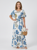 Women's Floral Maxi – Round Neck Flutter Sleeve Tiered Ruffle Hem Dress