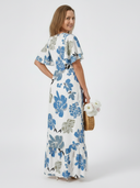 Women's Floral Maxi – Round Neck Flutter Sleeve Tiered Ruffle Hem Dress