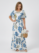Women's Floral Maxi – Round Neck Flutter Sleeve Tiered Ruffle Hem Dress