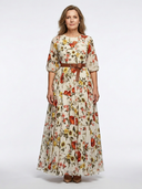 Women's Floral Maxi – Round Neck Three Quarter Sleeve Belted Garden Party Dress