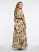 Women's Floral Maxi – Round Neck Three Quarter Sleeve Belted Garden Party Dress