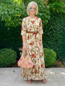 Women's Floral Maxi – Round Neck Three Quarter Sleeve Belted Garden Party Dress