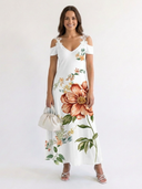 Women's Floral Maxi – V Neck Cold Shoulder Lace Trim A Line Wedding Guest Dress