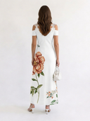 Women's Floral Maxi – V Neck Cold Shoulder Lace Trim A Line Wedding Guest Dress
