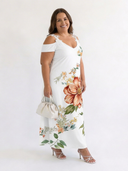 Women's Floral Maxi – V Neck Cold Shoulder Lace Trim A Line Wedding Guest Dress