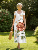 Women's Floral Maxi – V Neck Cold Shoulder Lace Trim A Line Wedding Guest Dress