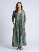 Women's Floral Maxi – V Neck Three Quarter Sleeve Tiered Gathered Garden Dress