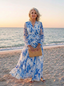 Women's Floral Maxi Wrap – Long Sheer Sleeve Tie Waist Wedding Guest Dress