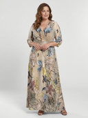 Women's Floral Maxi Wrap – Three Quarter Sleeve Satin Waistband Dress