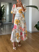 Women's Floral Midi Dress – Square Neck Puff Sleeve Tiered Ruffle Garden Party