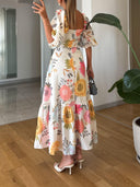 Women's Floral Midi Dress – Square Neck Puff Sleeve Tiered Ruffle Garden Party