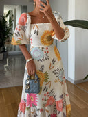Women's Floral Midi Dress – Square Neck Puff Sleeve Tiered Ruffle Garden Party