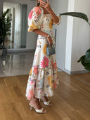 Women's Floral Midi Dress – Square Neck Puff Sleeve Tiered Ruffle Garden Party
