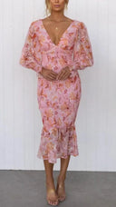 Women's Floral Midi Dress – V Neck Long Sleeve Ruffle Hem Wedding Guest