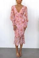 Women's Floral Midi Dress – V Neck Long Sleeve Ruffle Hem Wedding Guest