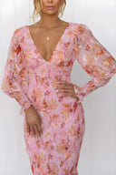 Women's Floral Midi Dress – V Neck Long Sleeve Ruffle Hem Wedding Guest