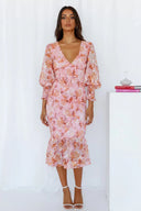 Women's Floral Midi Dress – V Neck Long Sleeve Ruffle Hem Wedding Guest