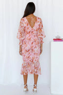 Women's Floral Midi Dress – V Neck Long Sleeve Ruffle Hem Wedding Guest