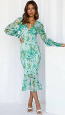 Women's Floral Midi Dress – V Neck Long Sleeve Ruffle Hem Wedding Guest
