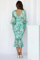 Women's Floral Midi Dress – V Neck Long Sleeve Ruffle Hem Wedding Guest