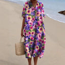 Women's Floral Midi Dress – V Neck Short Sleeve Loose Fit Summer Beach Dress