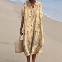 Women's Floral Midi Dress – V Neck Short Sleeve Loose Fit Summer Beach Dress