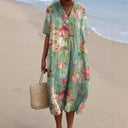 Women's Floral Midi Dress – V Neck Short Sleeve Loose Fit Summer Beach Dress