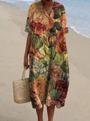 Women's Floral Midi Dress – V Neck Short Sleeve Loose Fit Summer Beach Dress
